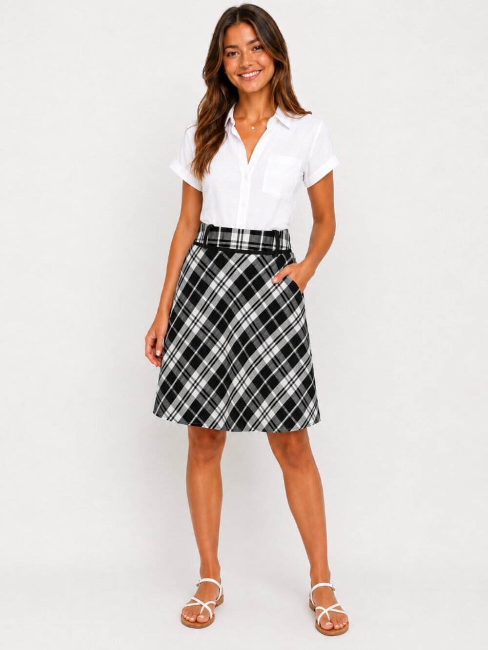 Speechless Black & White Plaid A-line Skirt with Black Trim, Size Medium